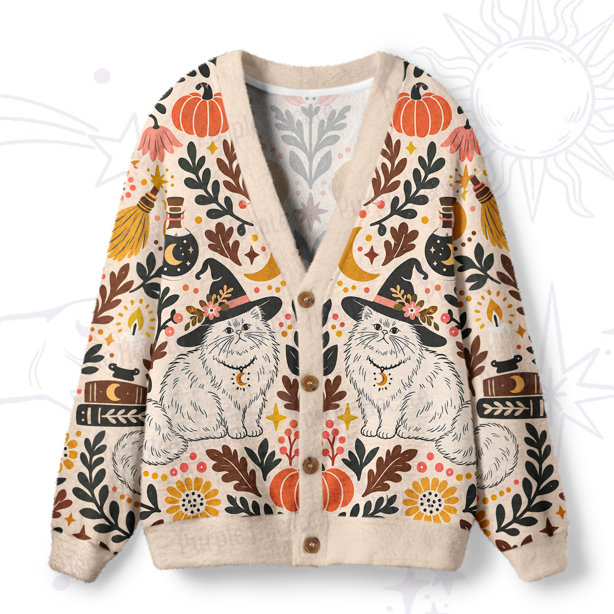 Purplehecate Harvest Ritual Cream Witch Cat Ugly Cardigan Sweaters