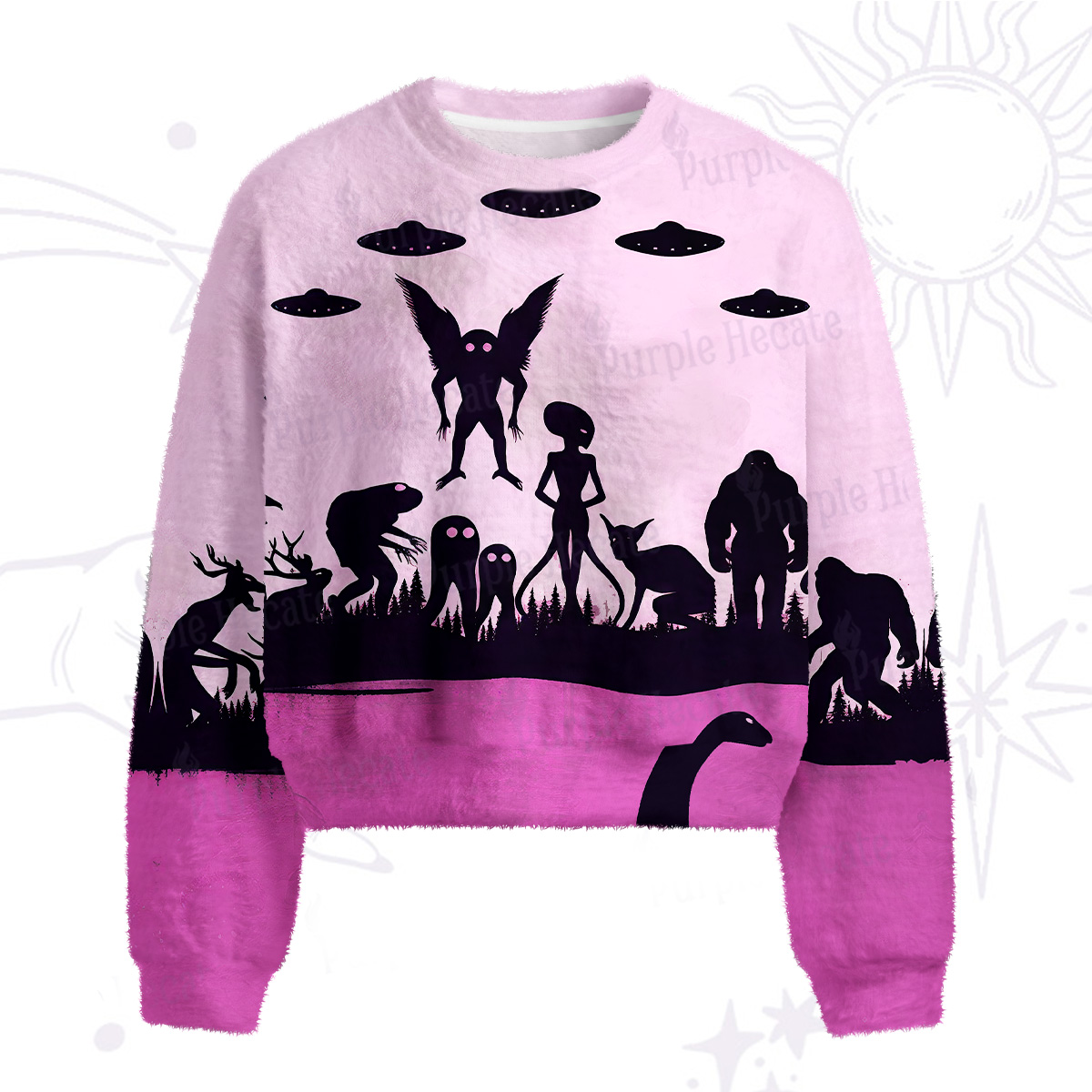 Purplehecate Alien Lake Monster Encounter Fuzzy Crewneck Sweater
