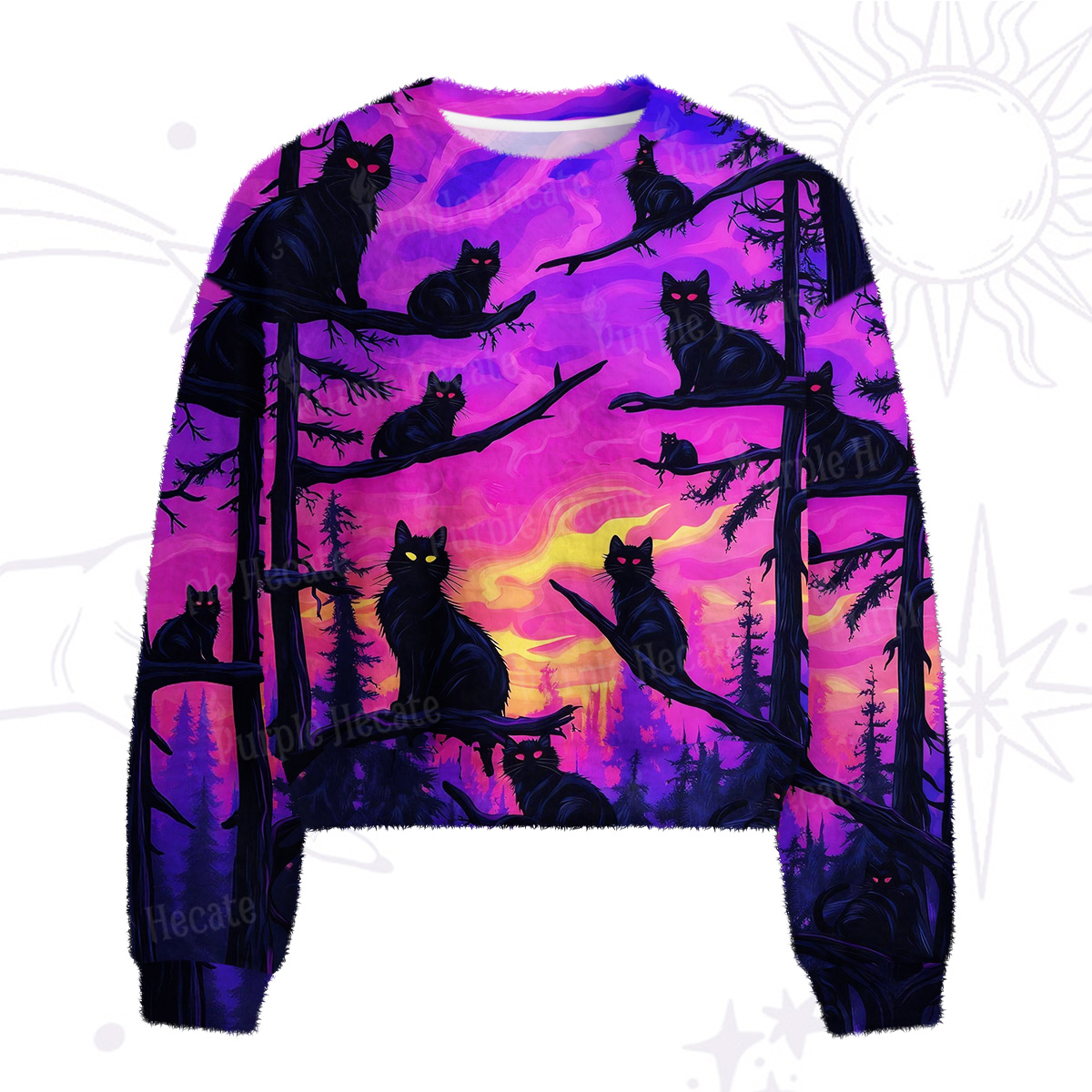 Purplehecate Twilight Forest Guardian Cat Fuzzy Crewneck Sweater