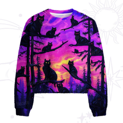 Purplehecate Twilight Forest Guardian Cat Fuzzy Crewneck Sweater