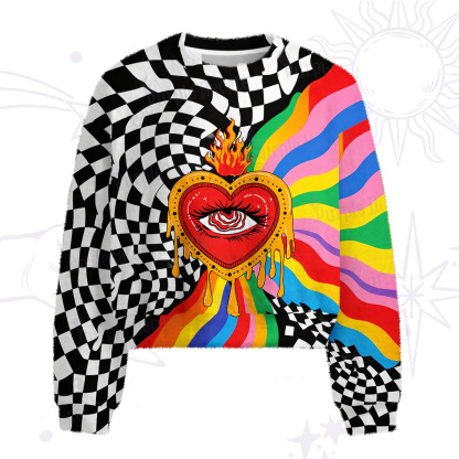 Purplehecate Trippy Rainbow Heart Eye Fuzzy Crewneck Sweater