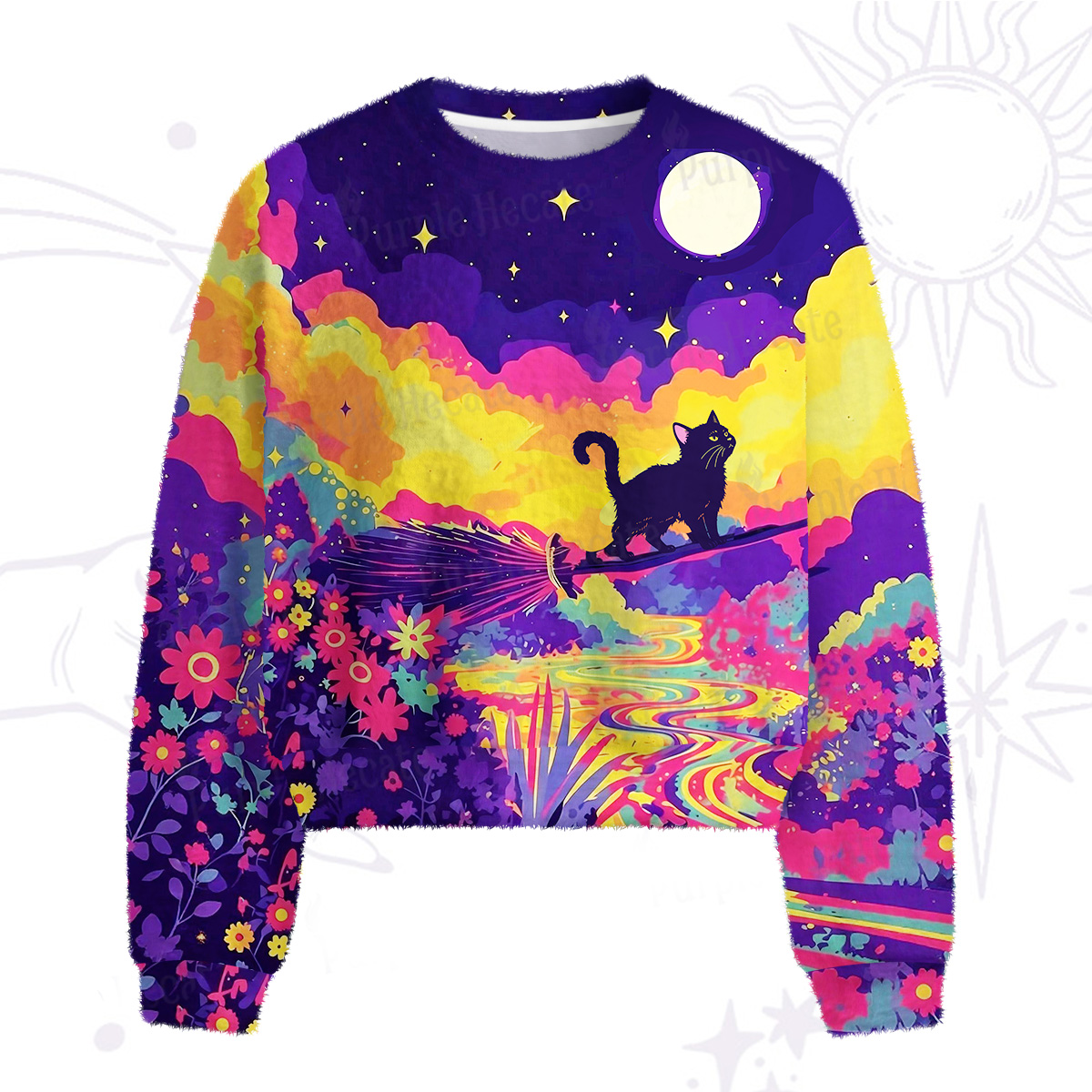 Purplehecate Midnight Cosmic Cat Fantasy Fuzzy Crewneck Sweater