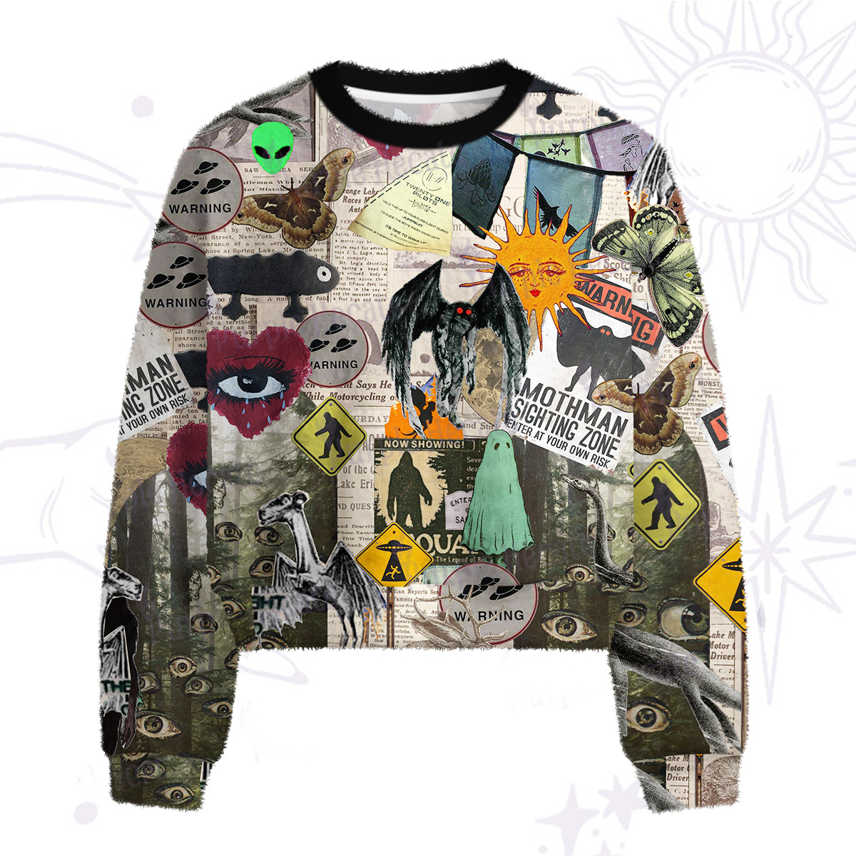 Purplehecate Cryptid Warning Collage Fuzzy Crewneck Sweater