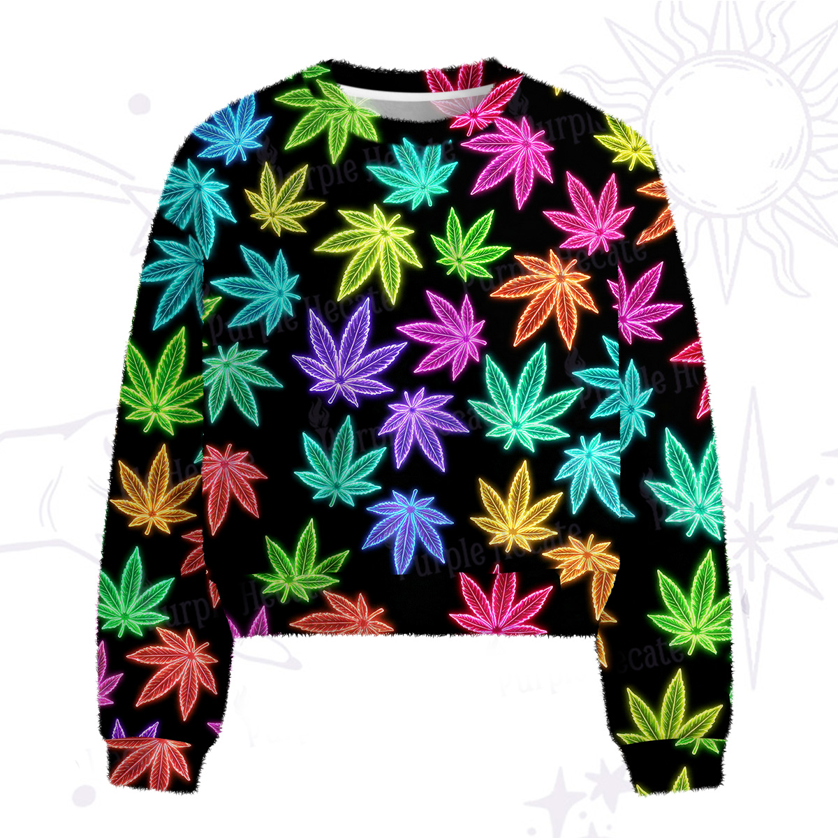 Purplehecate Trippy Weed Fuzzy Crewneck Sweater