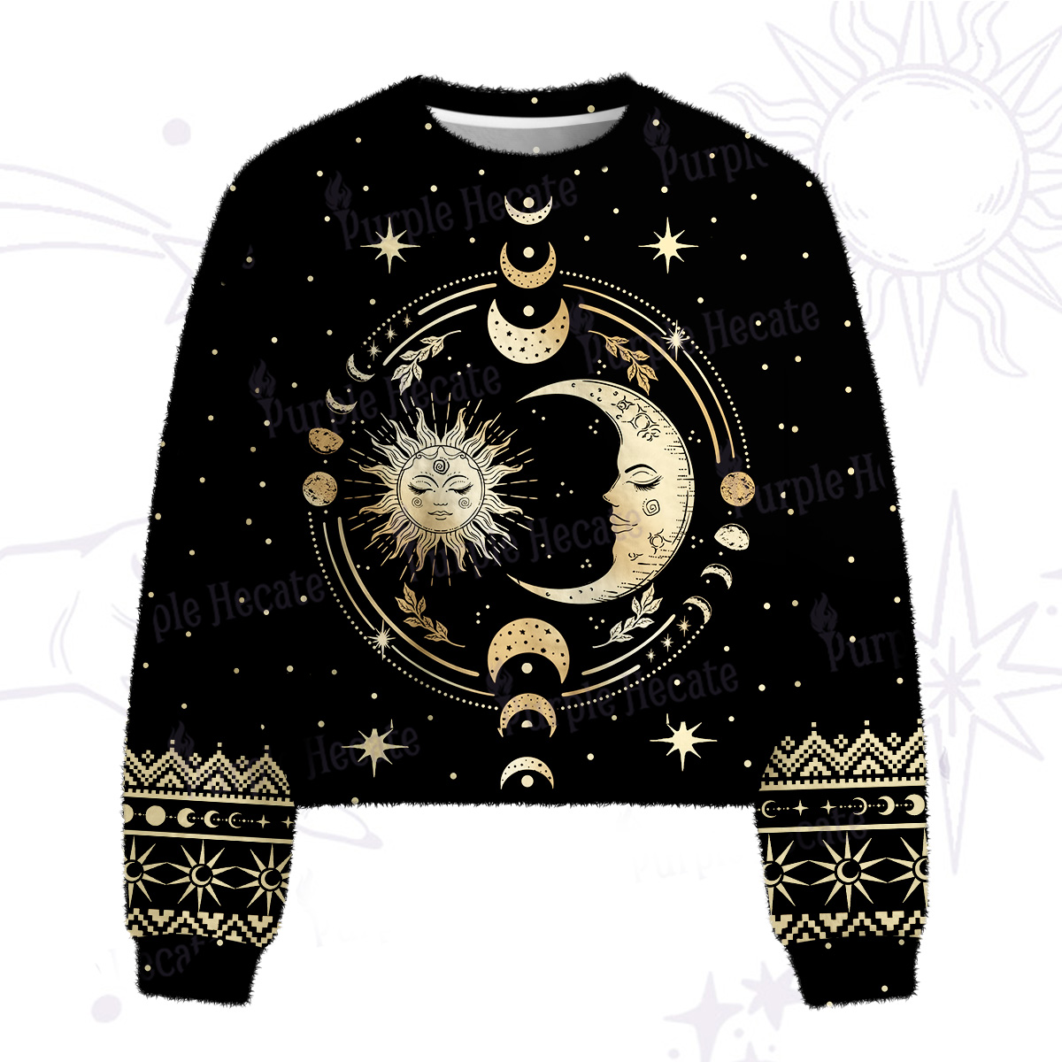Purplehecate Celestial Sun and Moon Fuzzy Crewneck Sweater