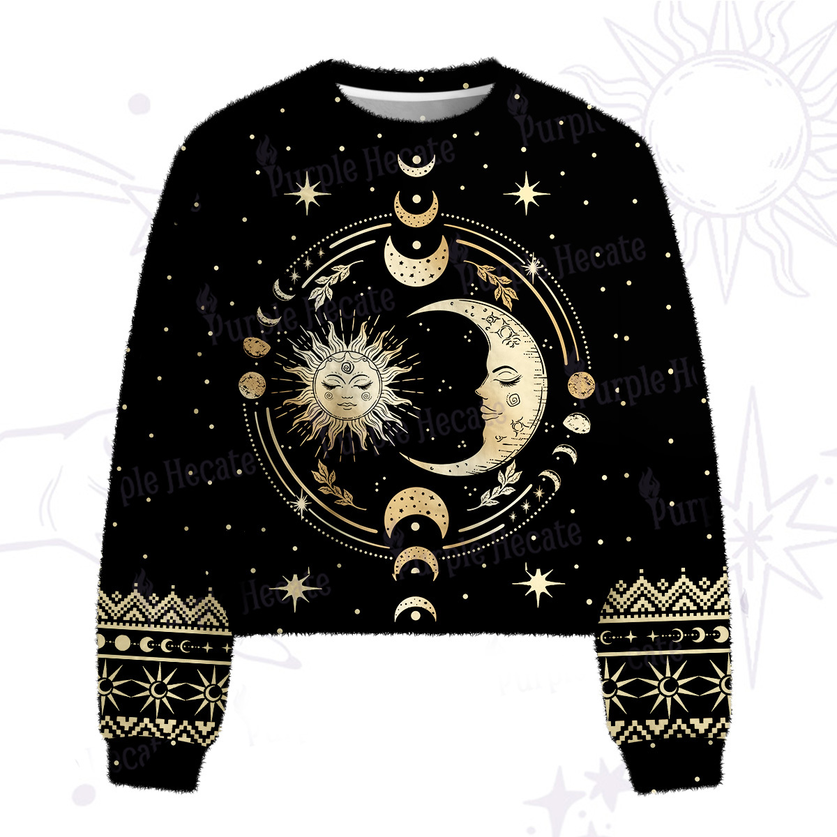 Purplehecate Celestial Sun and Moon Fuzzy Crewneck Sweater