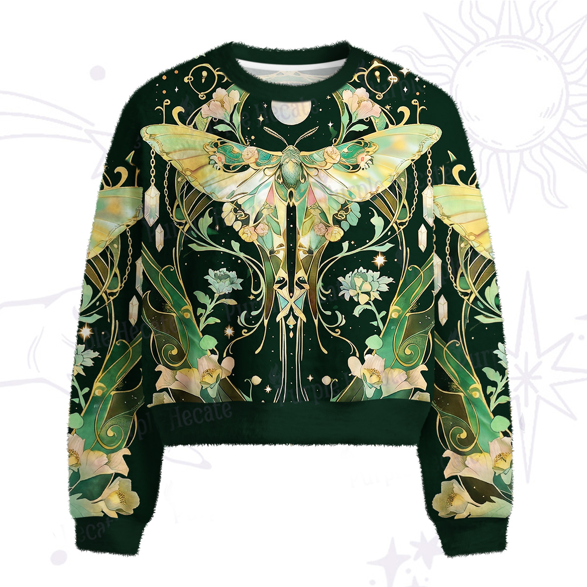 Purplehecate Moon Moth Rave Fuzzy Crewneck Sweater