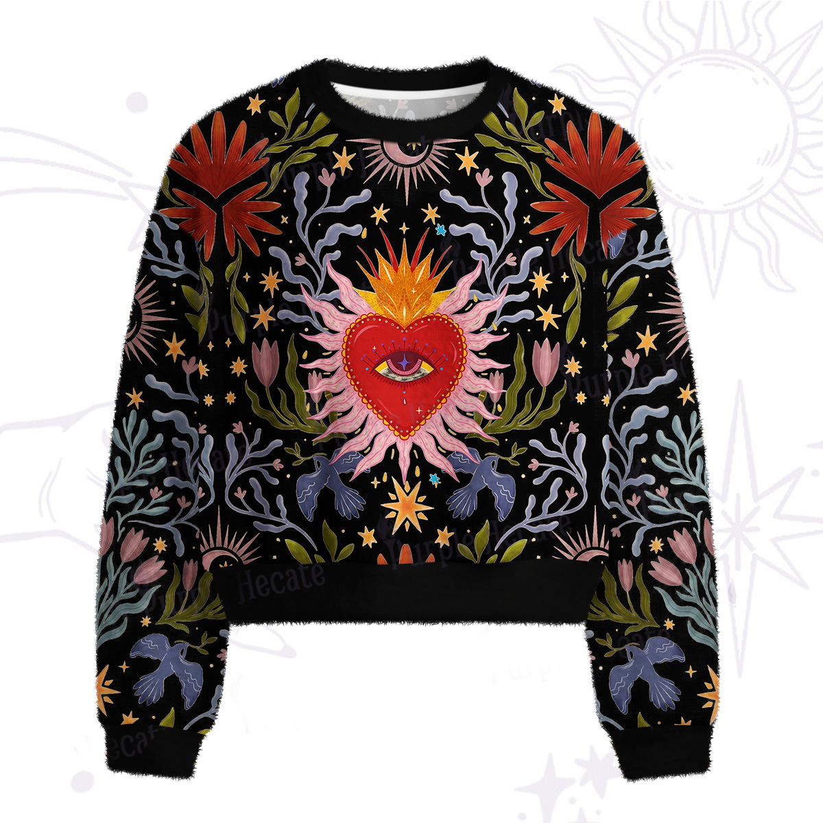 Purplehecate Sacred Flame Heart Fuzzy Crewneck Sweater