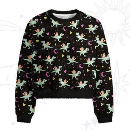 Purplehecate Witch Cat Rides the Dino Fuzzy Crewneck Sweater