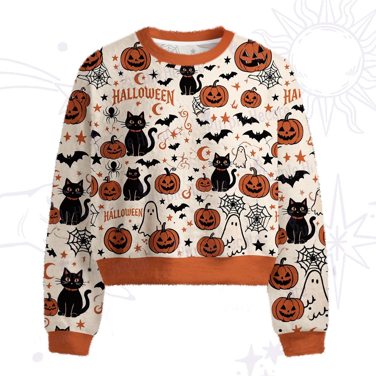 Purplehecate Halloween Ghost Black Cat Fuzzy Crewneck Sweater