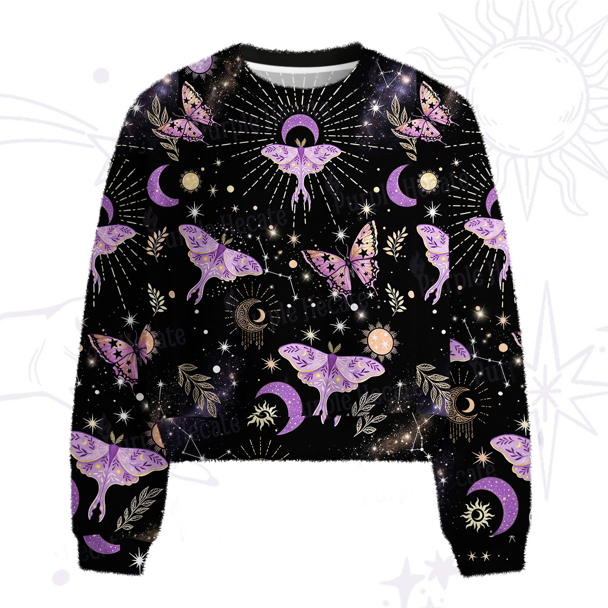 Purplehecate Starry Night Lunar Moth Fuzzy Crewneck Sweater