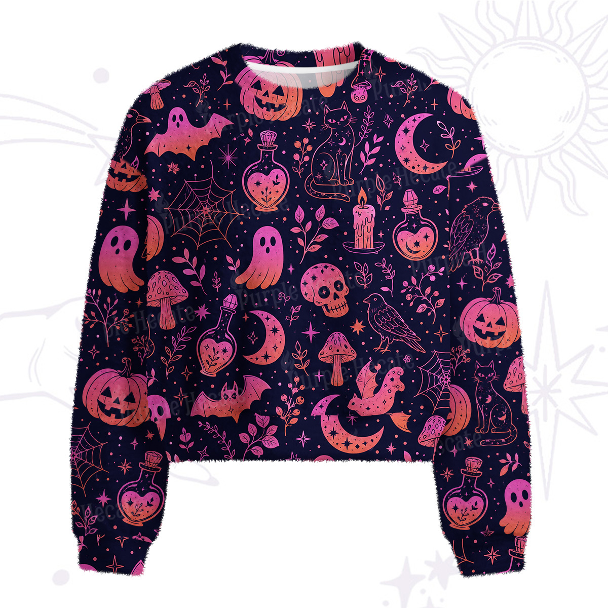 Purplehecate Spooky Night Doodles Halloween Fuzzy Crewneck Sweater