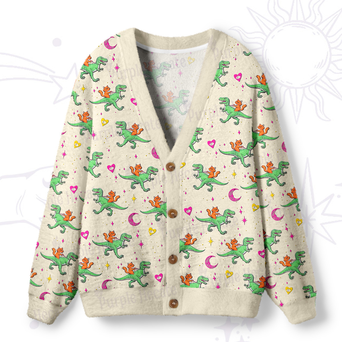 Purplehecate Witch Cat Rides the Dino Ugly Cardigan Sweaters