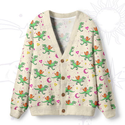 Purplehecate Witch Cat Rides the Dino Ugly Cardigan Sweaters