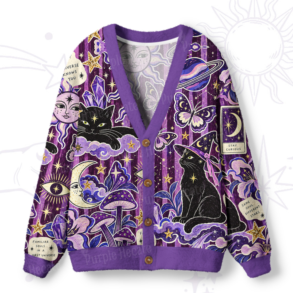 Purplehecate Moon Whispers Black Cat Ugly Cardigan Sweaters