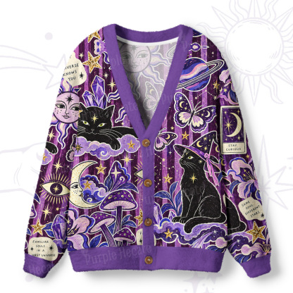 Purplehecate Moon Whispers Black Cat Ugly Cardigan Sweaters