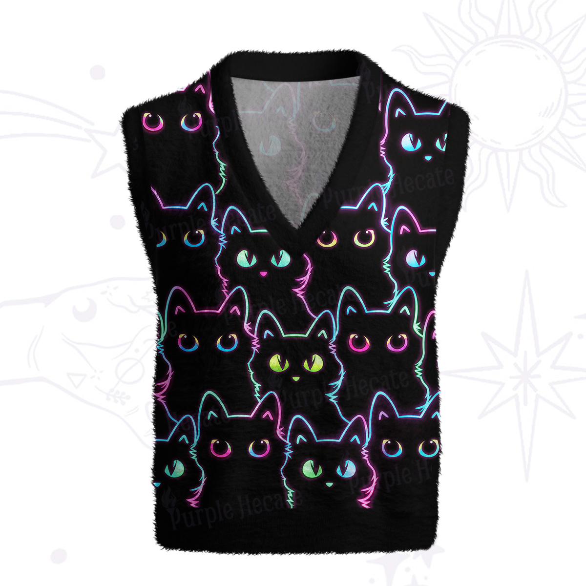 Purplehecate Neon Glow Stacked Cats Ugly Sweater Vest