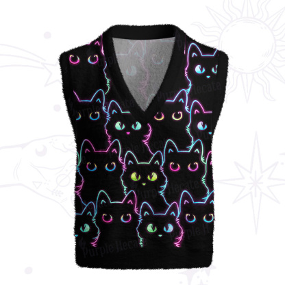 Purplehecate Neon Glow Stacked Cats Ugly Sweater Vest