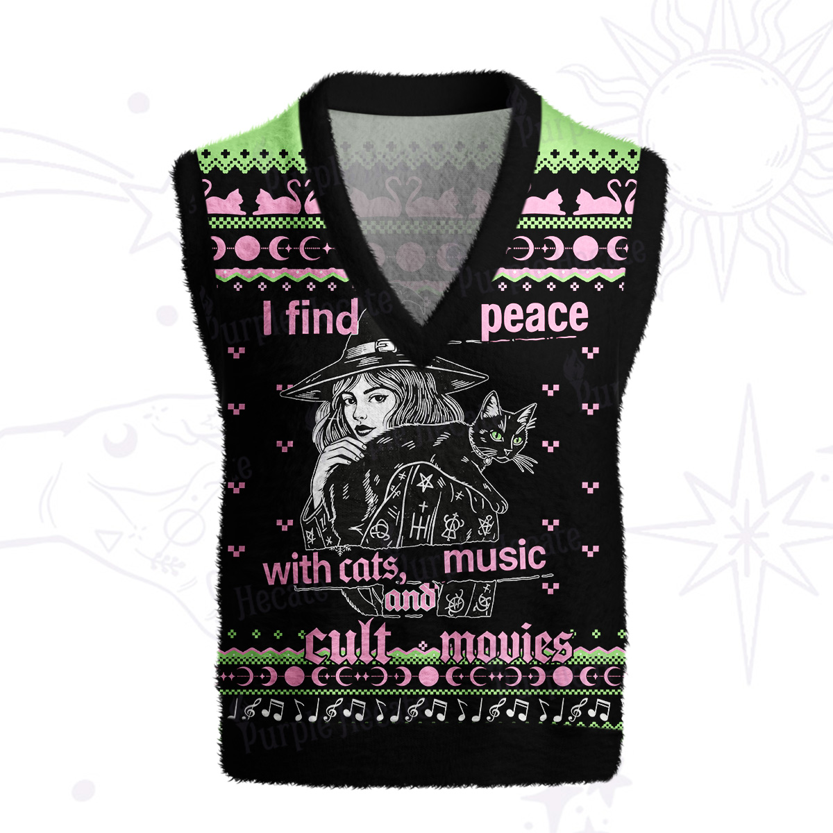 Purplehecate I Find Peace With Cats Music Cult Movies Ugly Sweater Vest