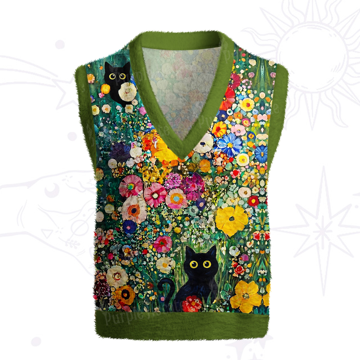 Purplehecate Fluffy Black Cat in Colorful Flower Field Ugly Sweater Vest