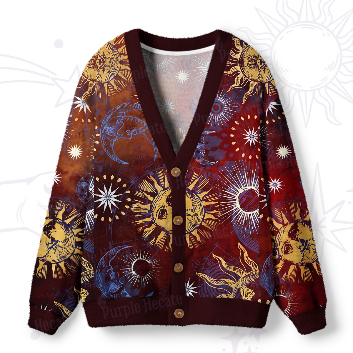 Purplehecate Mystic Sun and Moon Ugly Cardigan Sweaters