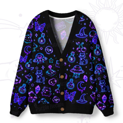 Purplehecate Neon Cosmic Cat Ugly Cardigan Sweaters