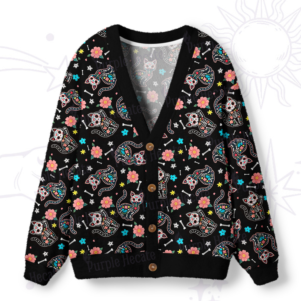 Purplehecate Dia de los Muertos Skeleton Cat Cat Ugly Cardigan Sweaters