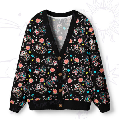 Purplehecate Dia de los Muertos Skeleton Cat Cat Ugly Cardigan Sweaters