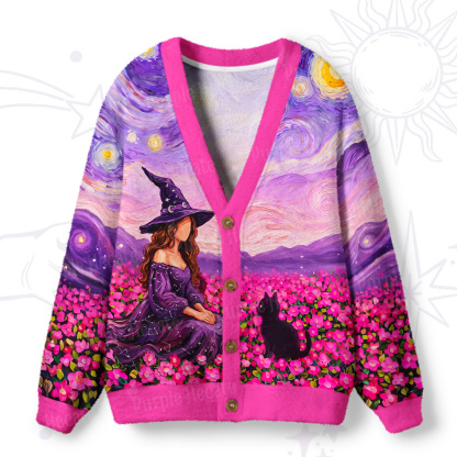 Purplehecate Purple Witch in Flower Field Ugly Cardigan Sweaters