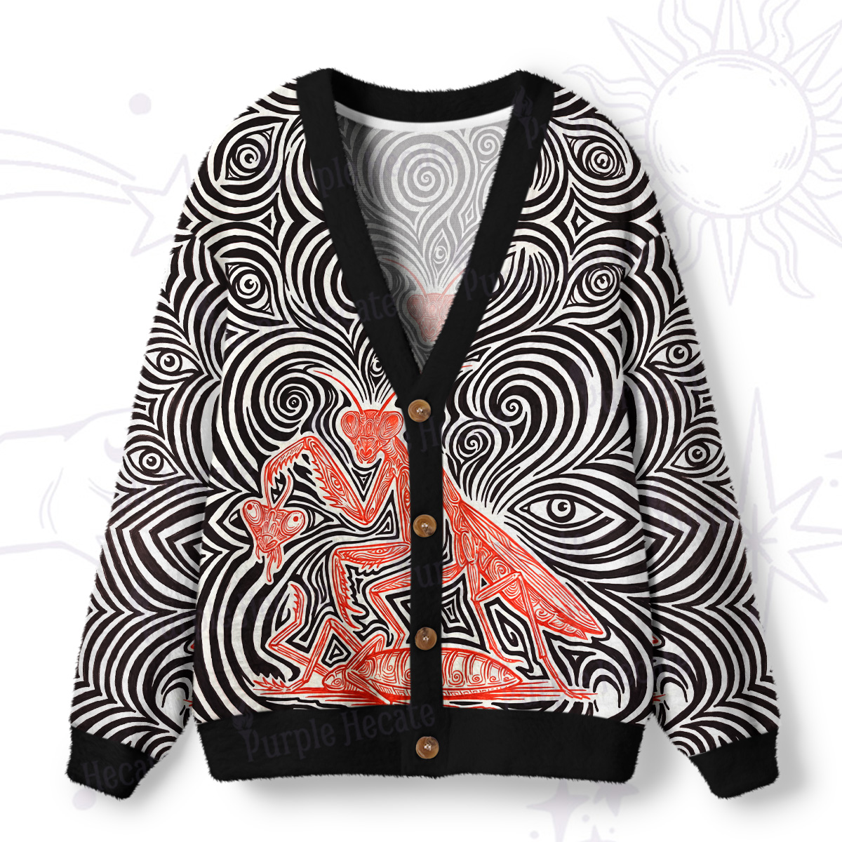 Purplehecate Girls Will Be Girls Praying Mantis Ugly Cardigan Sweaters