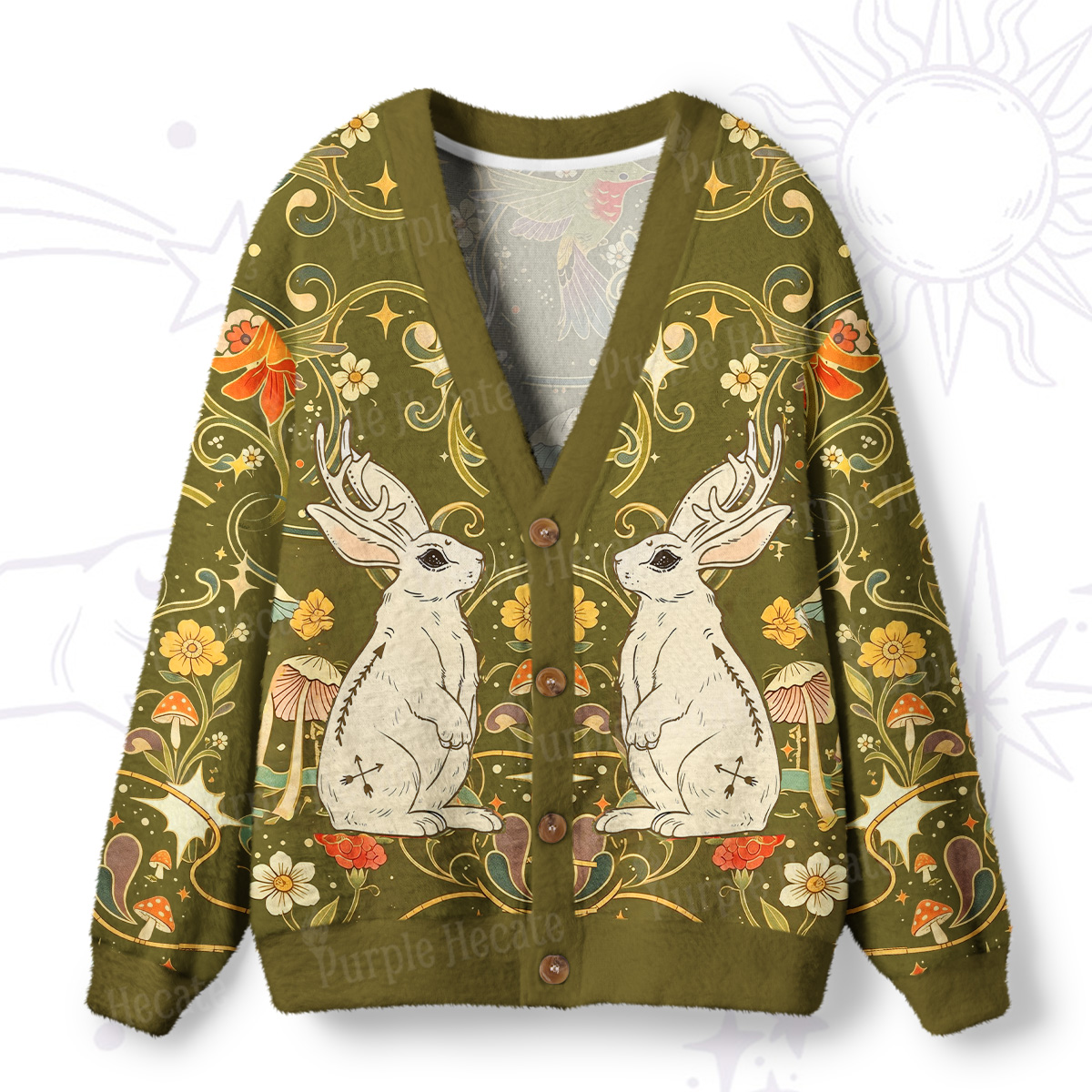 Purplehecate Antlered White Rabbit Secret Forest Ugly Cardigan Sweaters