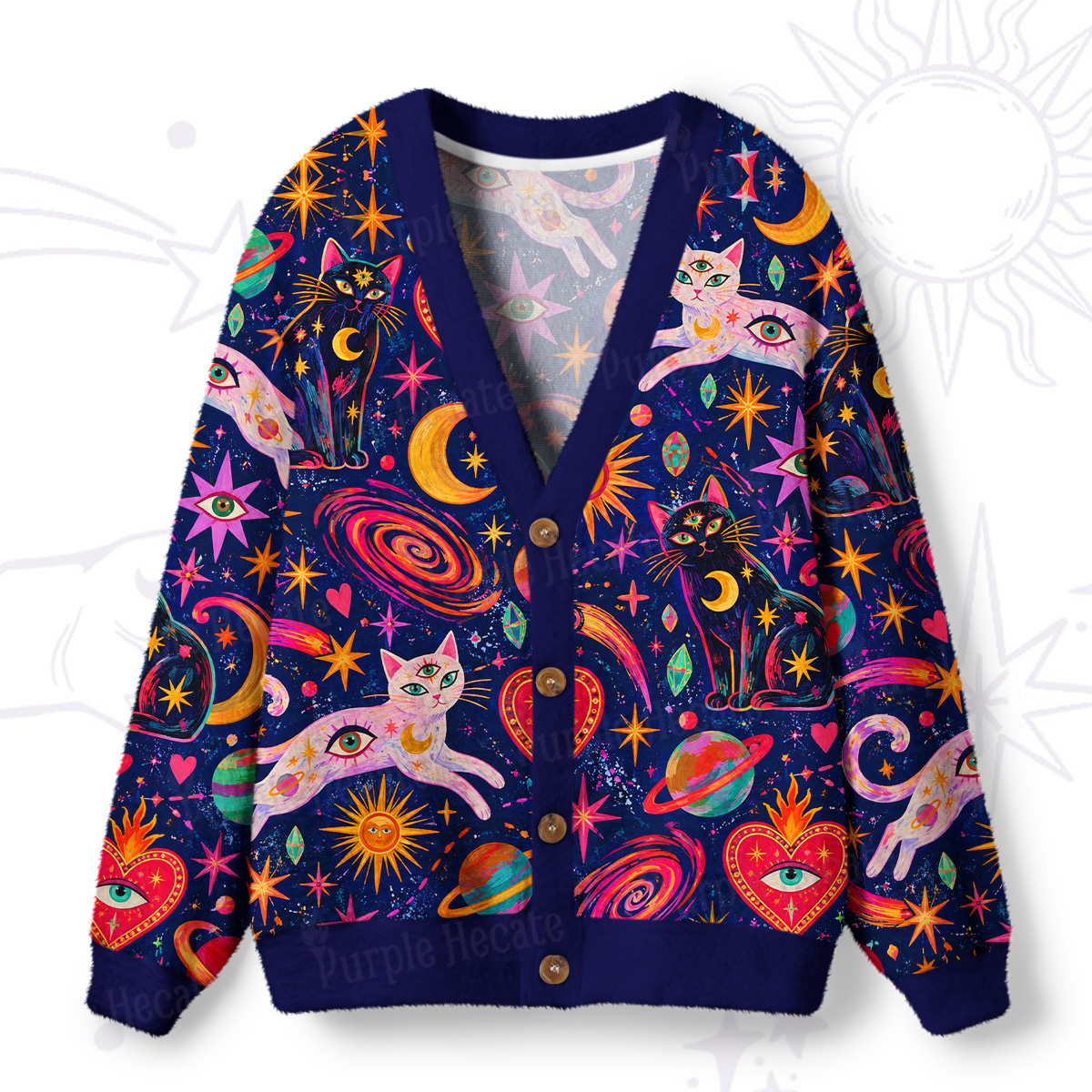 Purplehecate Psychedelic Galaxy Moon Cats in Space Ugly Cardigan Sweaters