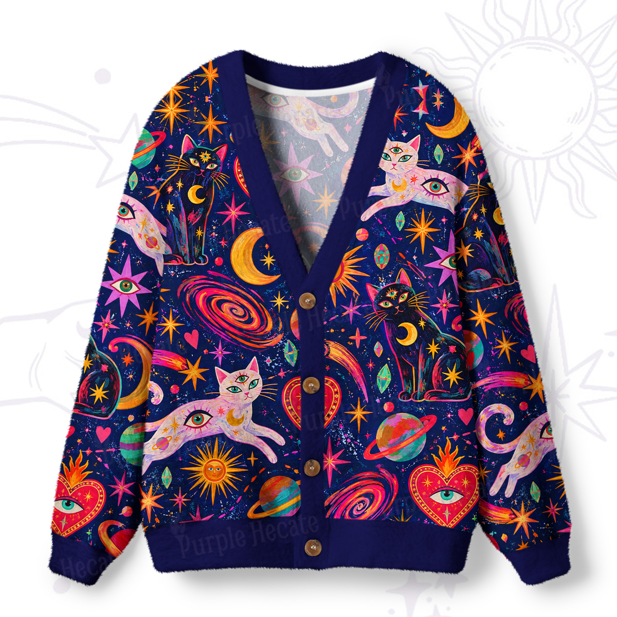 Purplehecate Psychedelic Galaxy Moon Cats in Space Ugly Cardigan Sweaters
