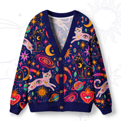 Purplehecate Psychedelic Galaxy Moon Cats in Space Ugly Cardigan Sweaters