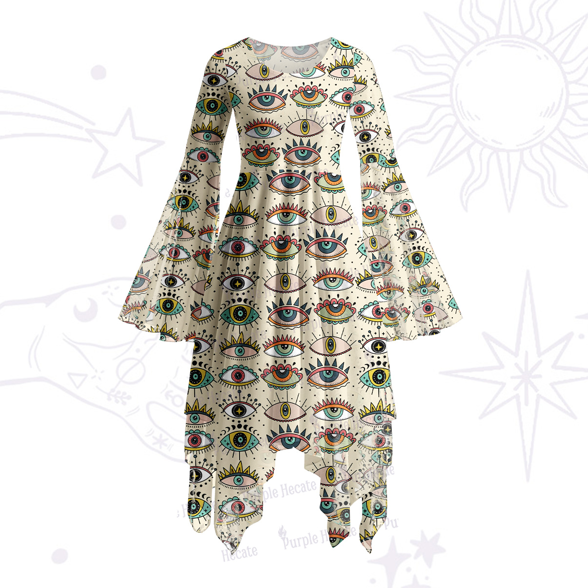 Purplehecate Evil Eye Pattern Bell Sleeve Dress