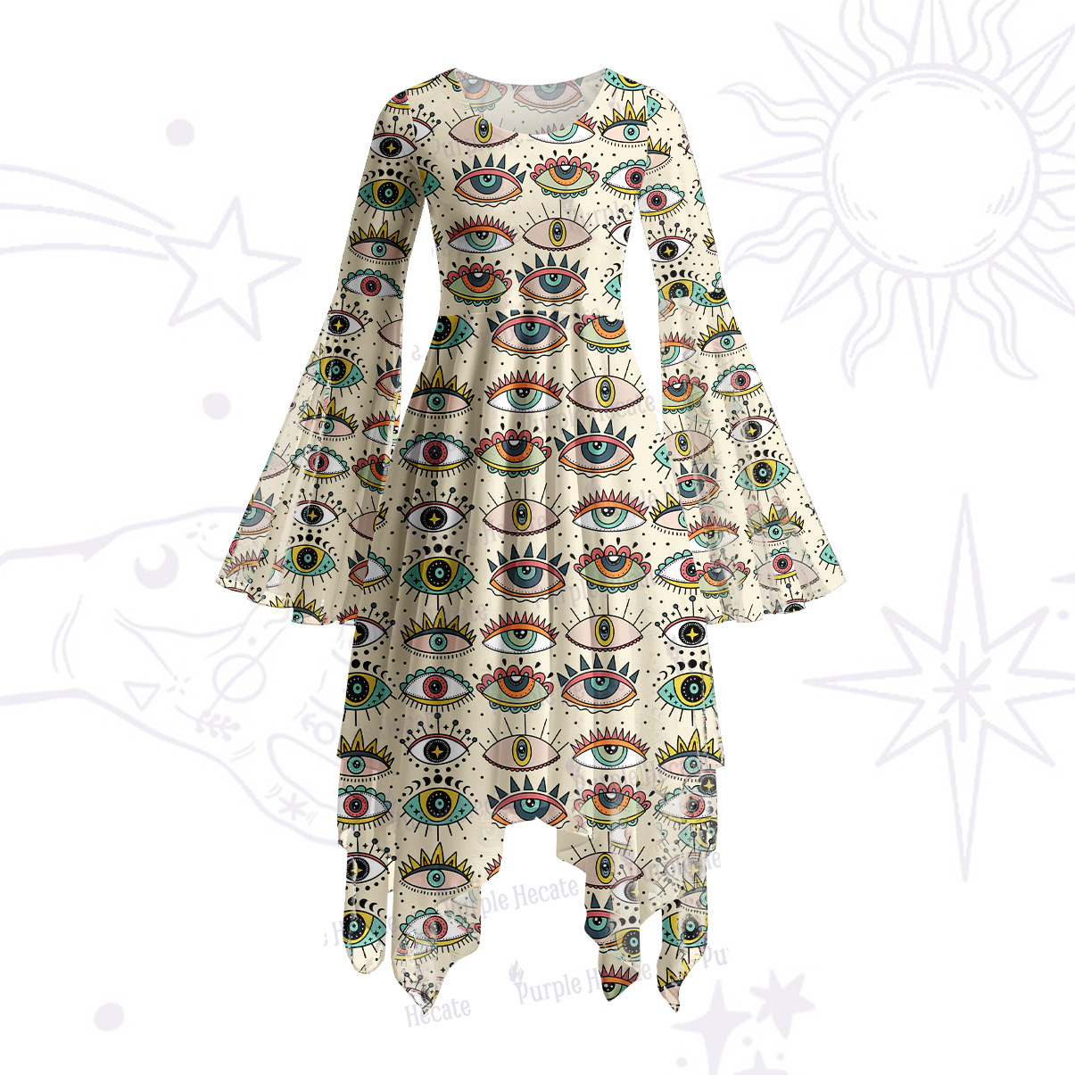 Purplehecate Evil Eye Pattern Bell Sleeve Dress