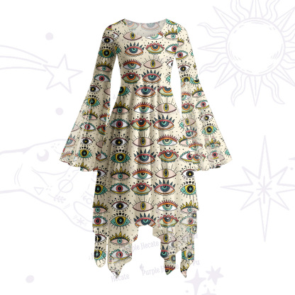 Purplehecate Evil Eye Pattern Bell Sleeve Dress