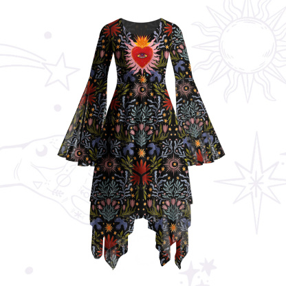 Purplehecate Sacred Flame Heart Bell Sleeve Dress