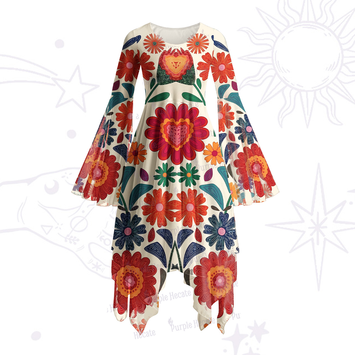 Purplehecate Retro Bloom Folk Floral Bell Sleeve Dress