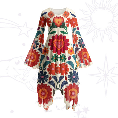 Purplehecate Retro Bloom Folk Floral Bell Sleeve Dress