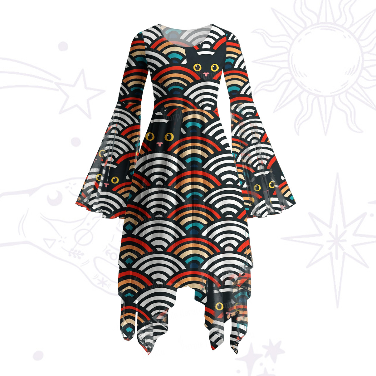 Purplehecate Rainbow Black Cat Waves Bell Sleeve Dress