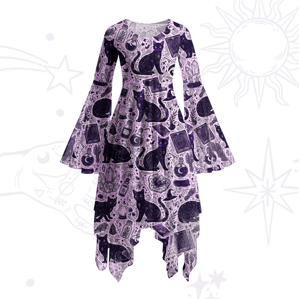 Purplehecate Midnight Black Cat Witch Potion Bell Sleeve Dress