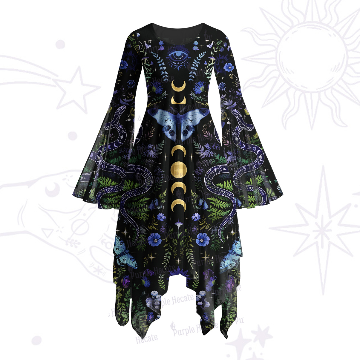 Purplehecate Moon Moth Witchery Bell Sleeve Dress