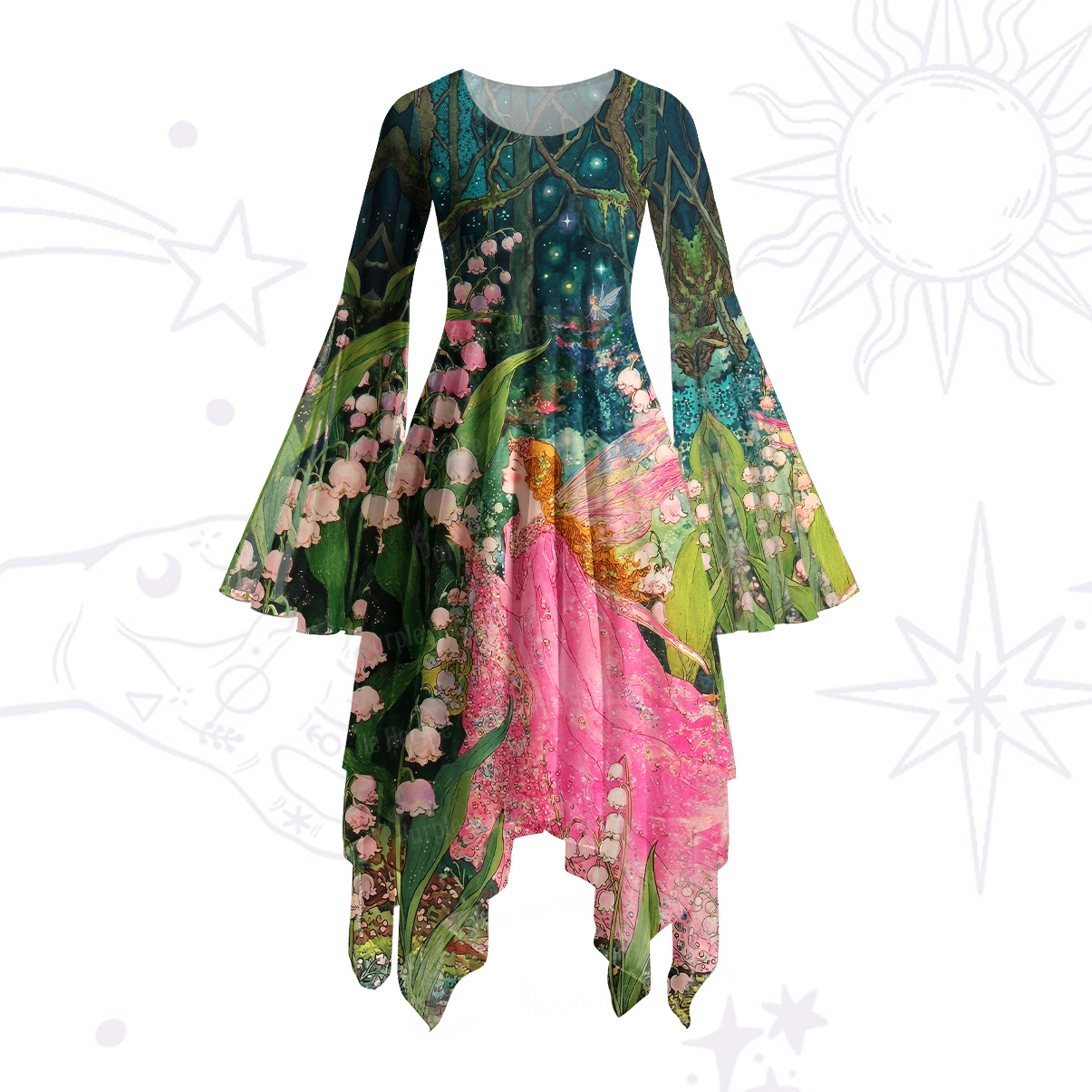 Purplehecate Mystic Secret Lily Fairy Forest Bell Sleeve Dress