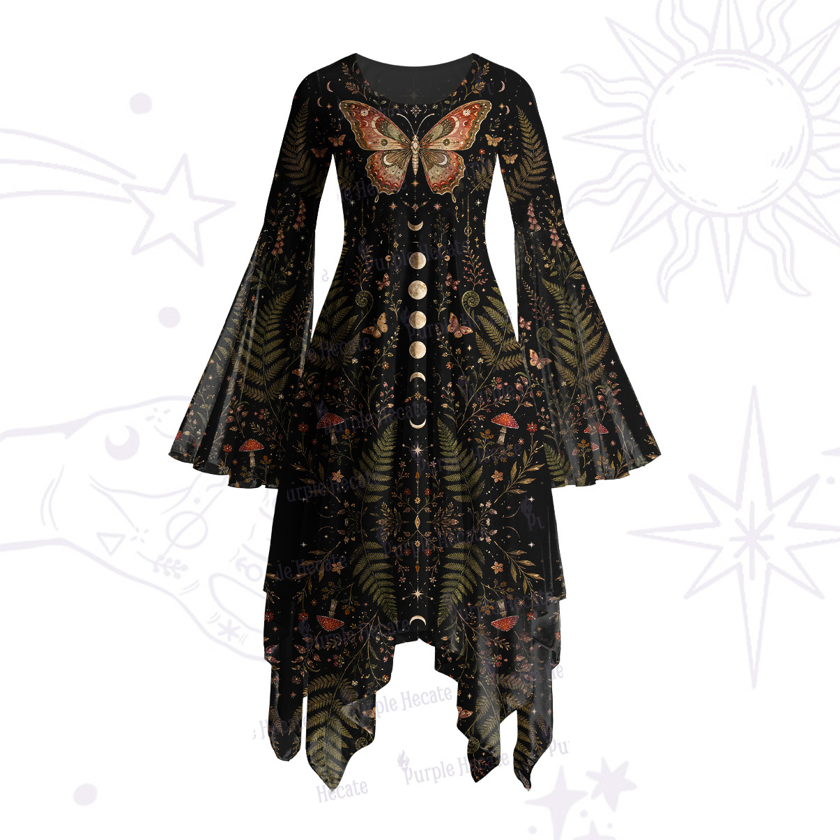 Purplehecate Moon Moth in the Enchanted Forest Bell Sleeve Dress