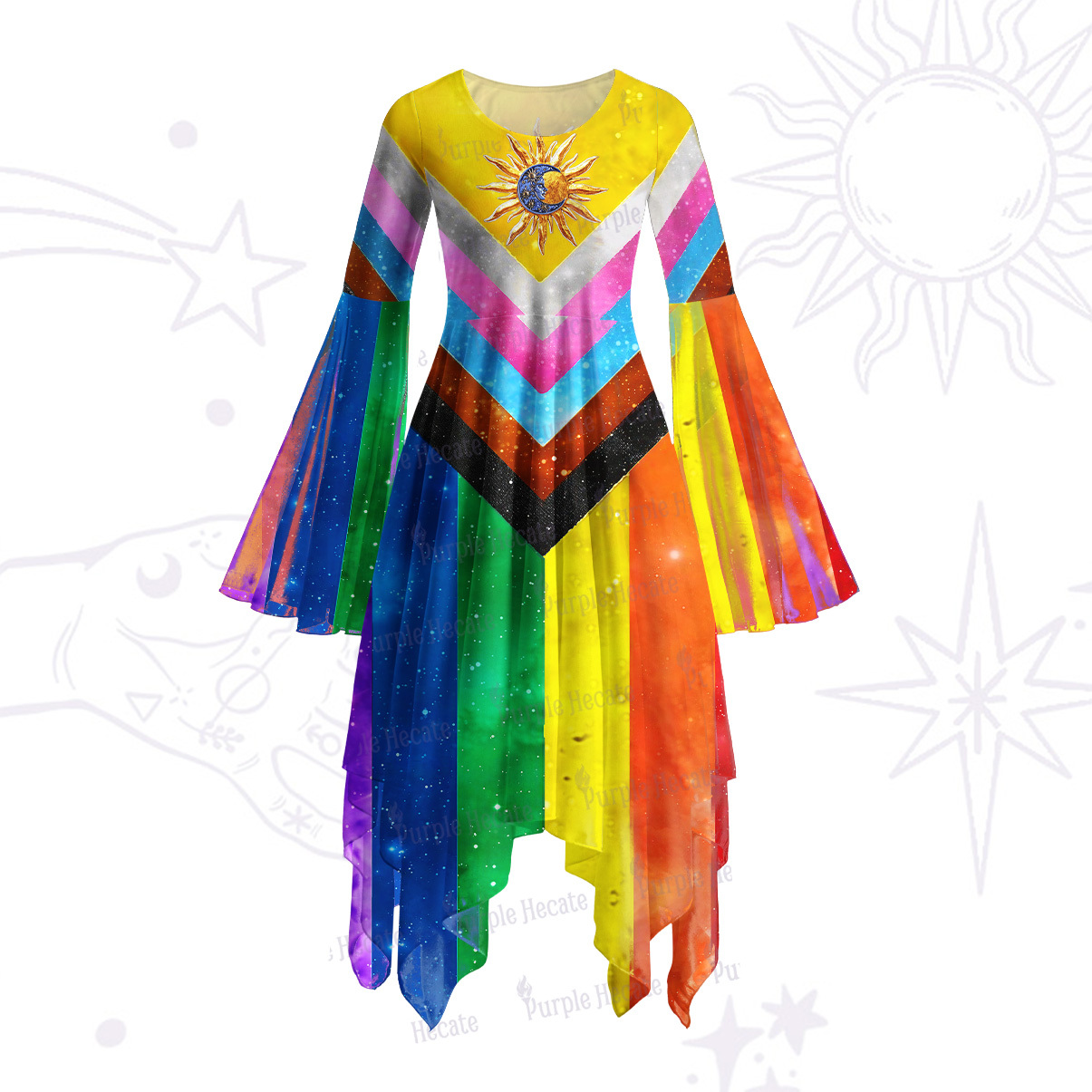Purplehecate Progress Pride Sunburst Bell Sleeve Dress