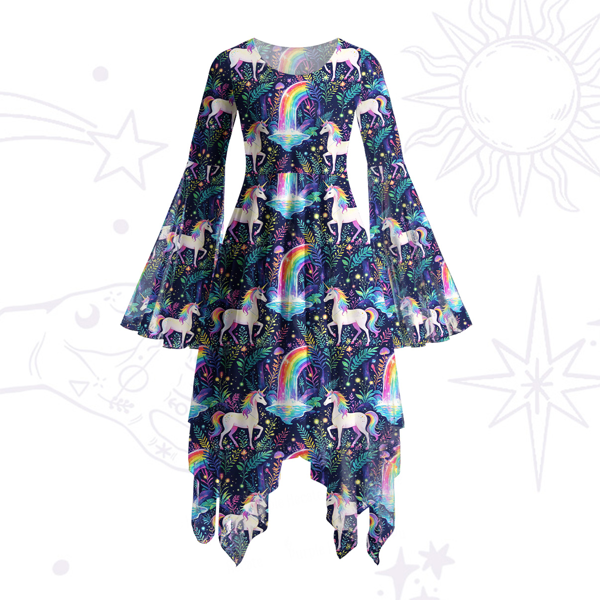 Purplehecate Rainbow Forest Unicorn Magic Bell Sleeve Dress