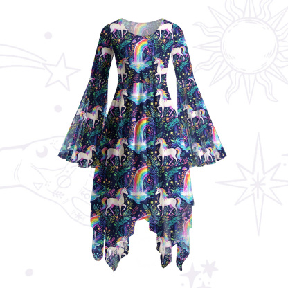 Purplehecate Rainbow Forest Unicorn Magic Bell Sleeve Dress