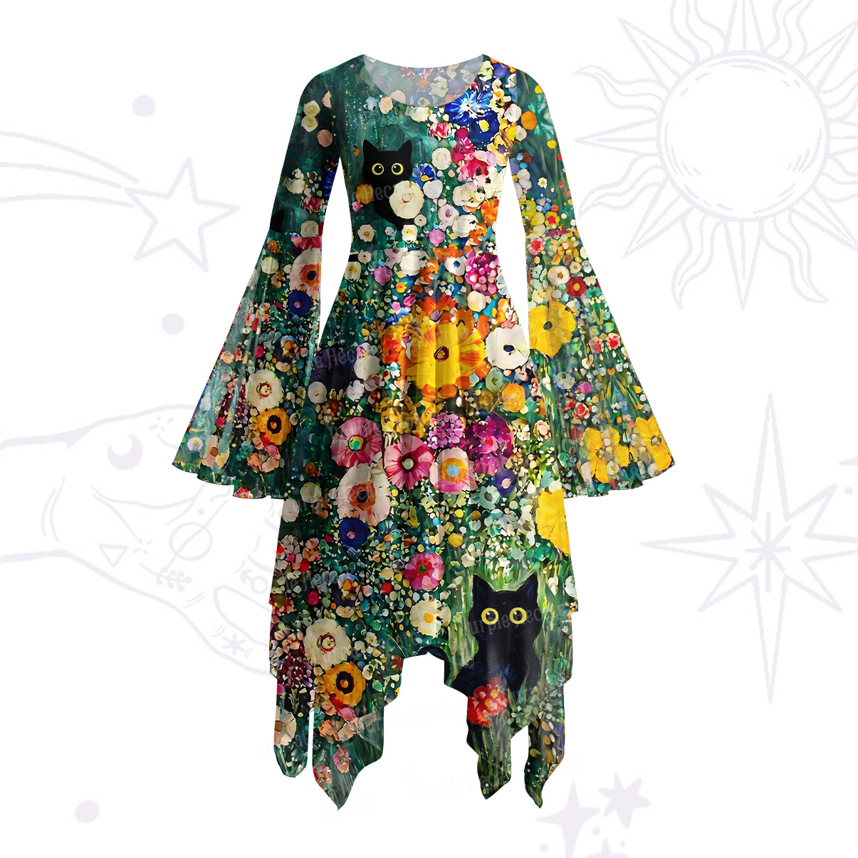 Purplehecate Fluffy Black Cat in Colorful Flower Field Bell Sleeve Dress
