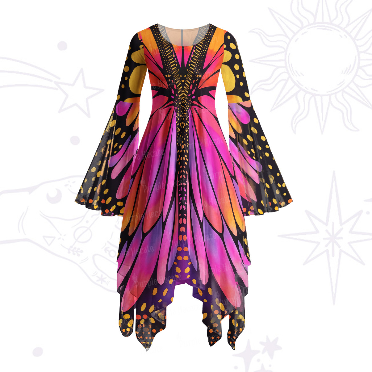 Purplehecate Butterfly Wings Bell Sleeve Dress